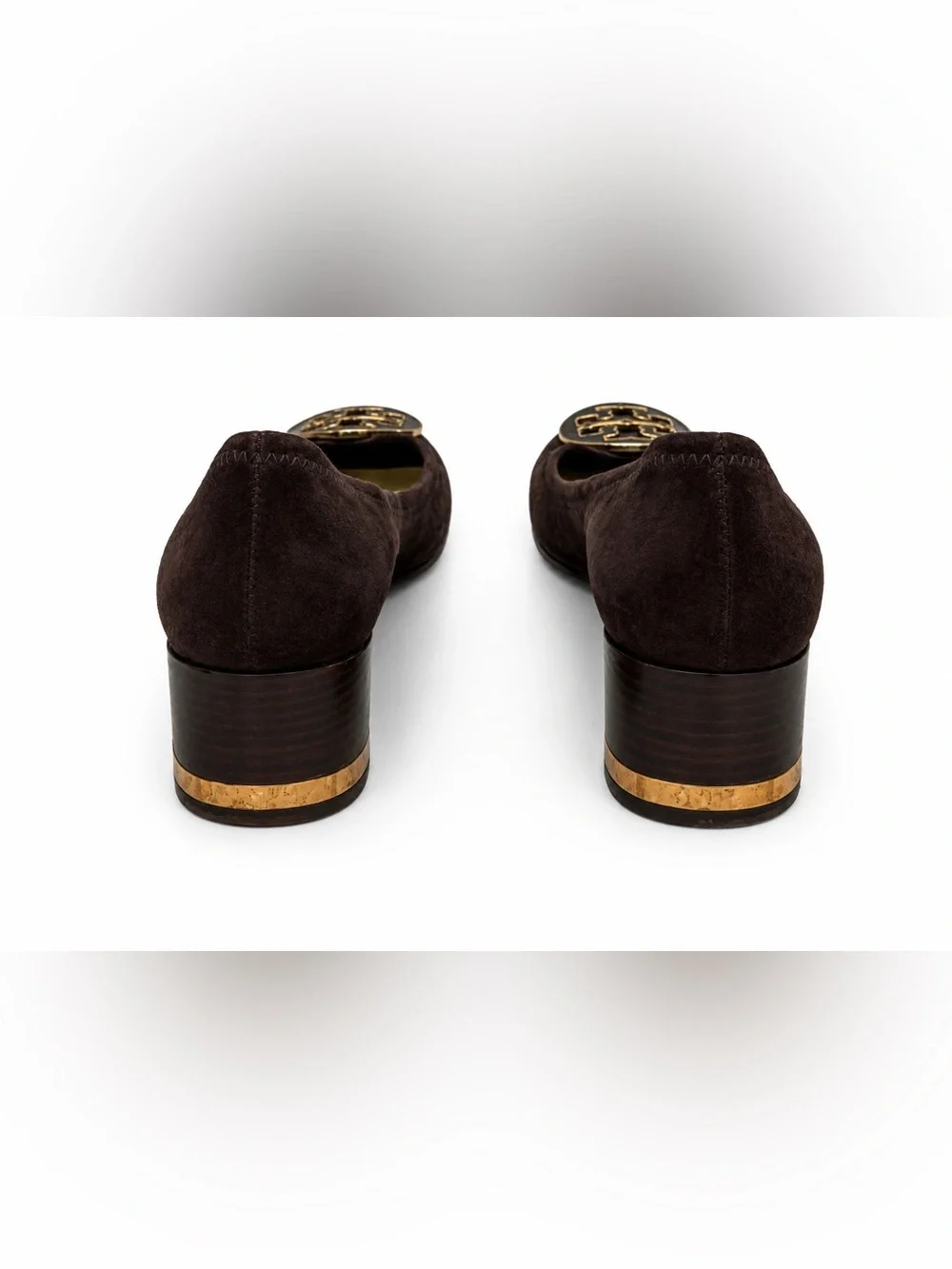 Tory Burch Brown Suede Block Heel Pumps Women’s Size 6.5M Gold Logo Shoes